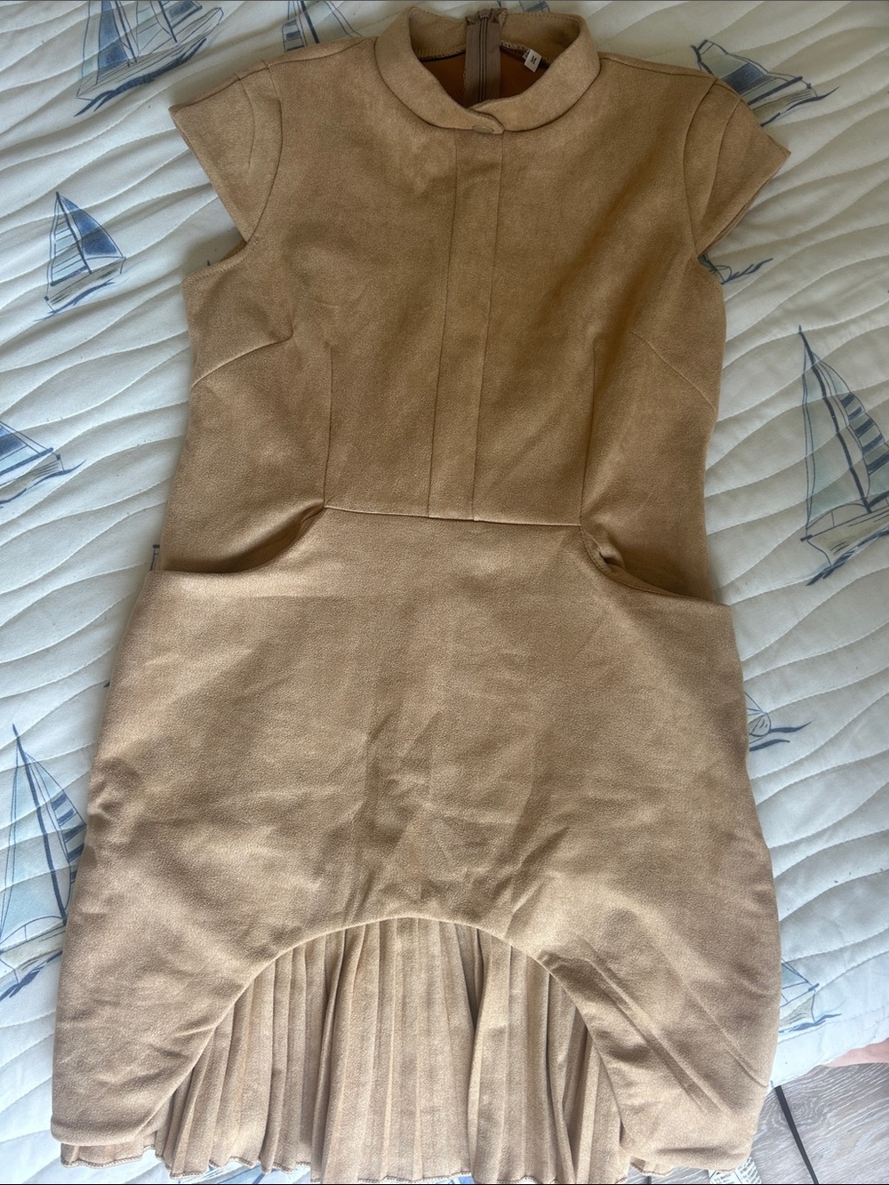 Women’s Suede Camel Pleated Hem Dress